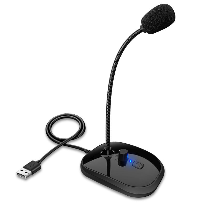 Reclyn – Black gooseneck microphone with foam windscreen, round volume knob, blue light and coiled USB cable