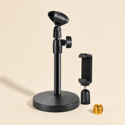 Soundperch Desktop Microphone Stand with round base, mic clip, phone holder and gold thread adapter