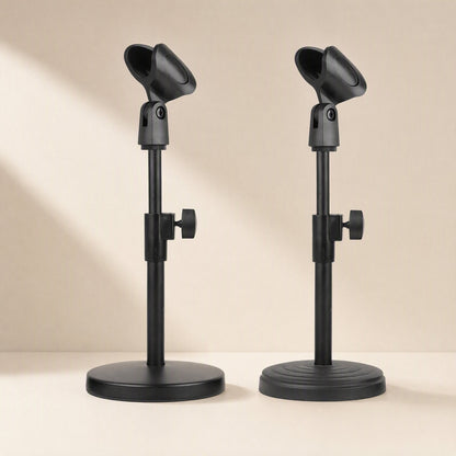 Soundperch Desktop Microphone Stand – two black desktop mic stands side by side showing two different round base designs