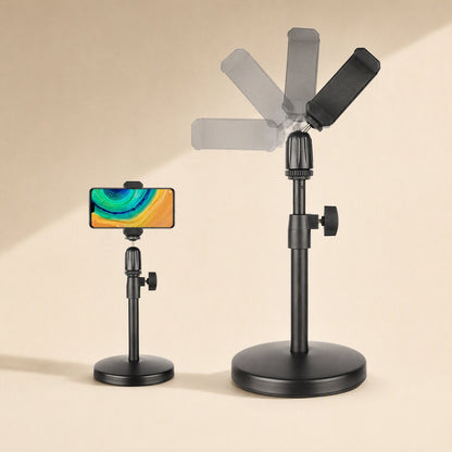 Soundperch – Stand with phone holder, one short with a phone attached and one taller showing tilt positions