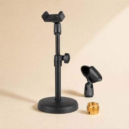 Soundperch – Stand with phone holder attached beside the detached microphone clip and gold thread adapter