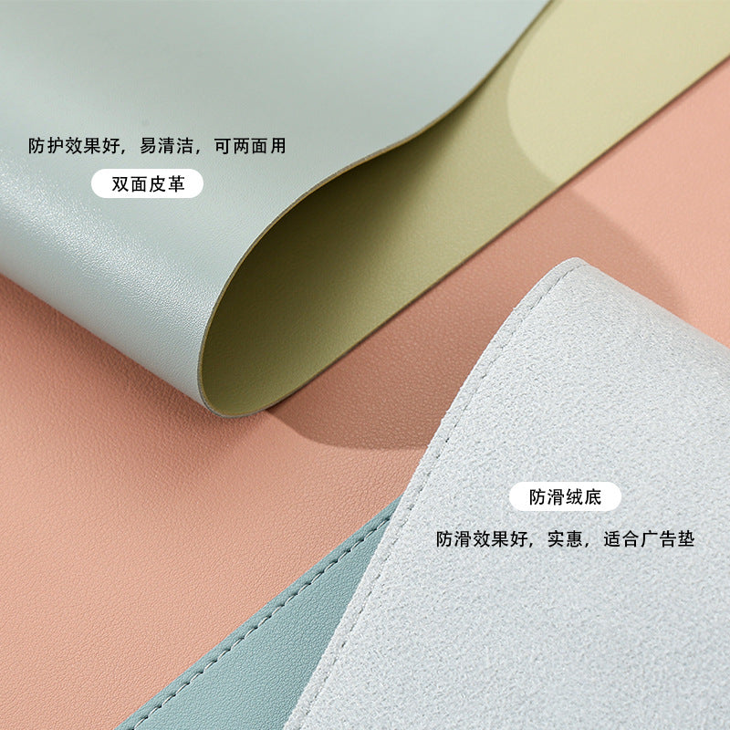 Hideweave – Close-up of double-sided leather in mint and yellow beside a gray suede anti-slip underside, with stitched edges