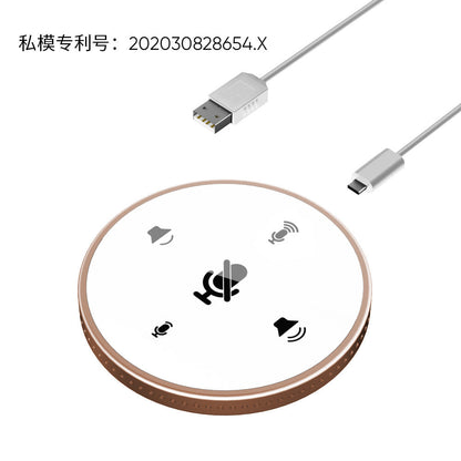 Clearwell – White and rose gold round conference speakerphone with touch controls and two connecting cables