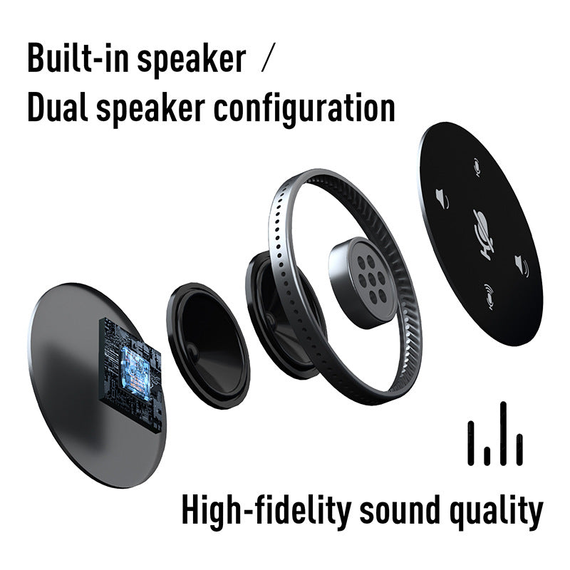 Clearwell – Exploded view of the speaker's internal parts: circuit board, dual speaker drivers, vented ring and top panel