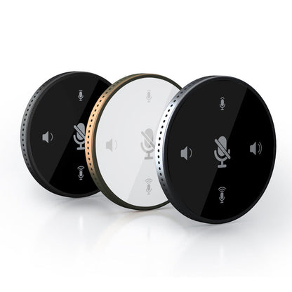 Clearwell – Three round conference speakerphones in black, white with gold trim, and black with silver trim, side by side