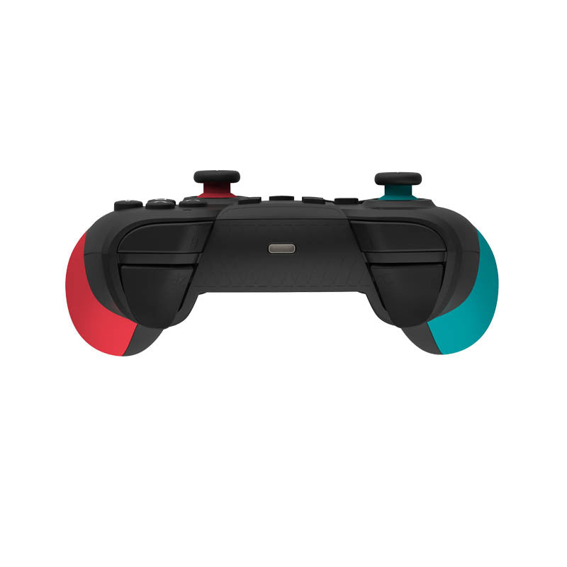 Wakeplay – Rear view of a black controller with red and teal grips, showing the trigger buttons and charging port