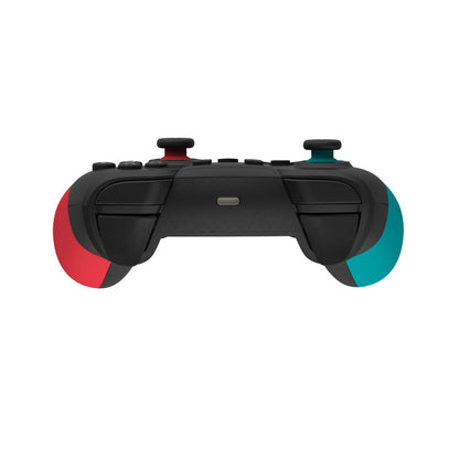 Wakeplay – Rear view of a black controller with red and teal grips, showing the trigger buttons and charging port
