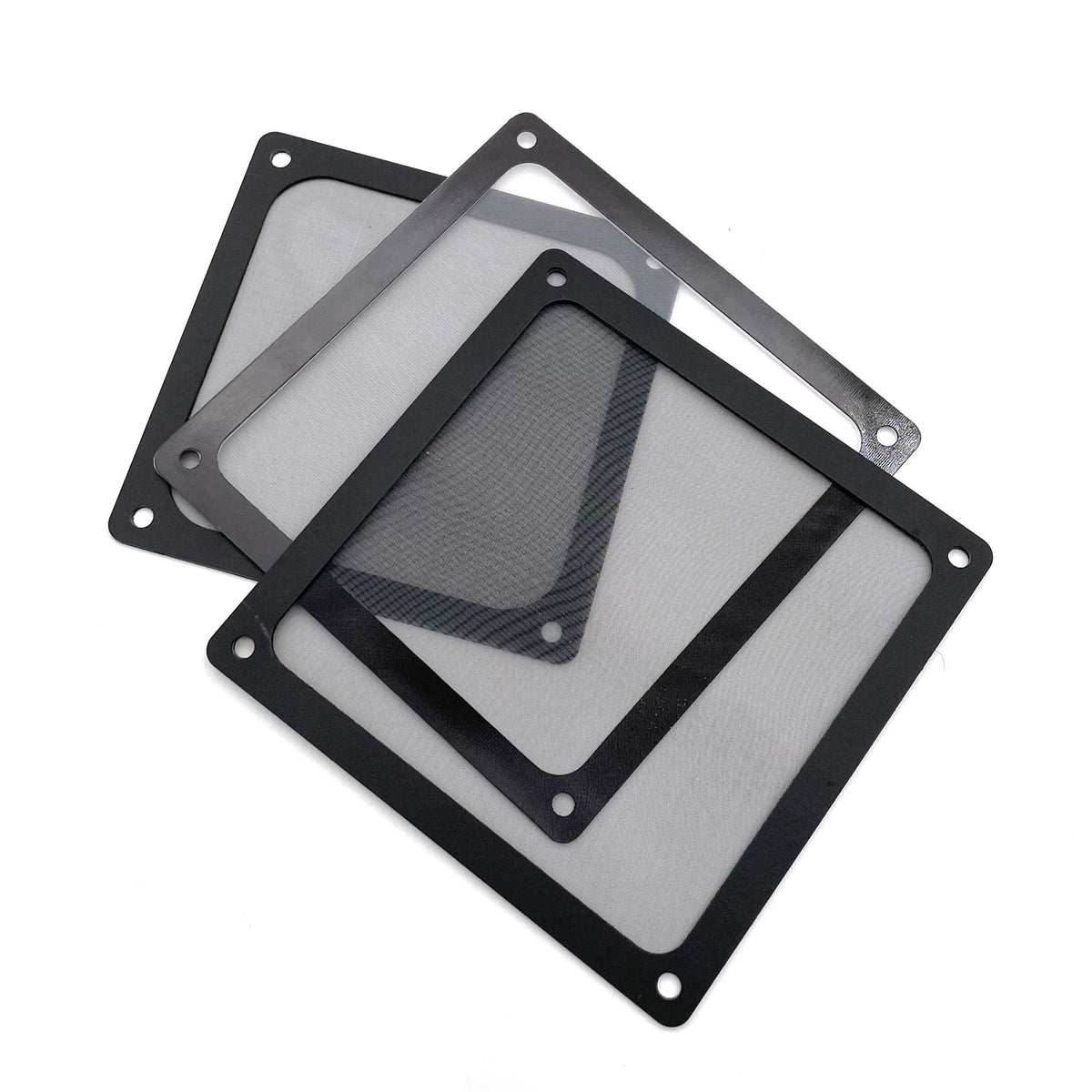 Ventmesh – Three square black mesh dust filters with mounting holes stacked at angles on a white background