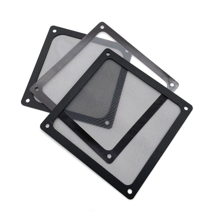 Ventmesh – Three square black mesh dust filters with mounting holes stacked at angles on a white background