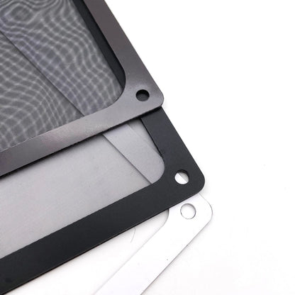 Ventmesh – Corner detail of stacked black and white filter frames with round screw holes and gray mesh