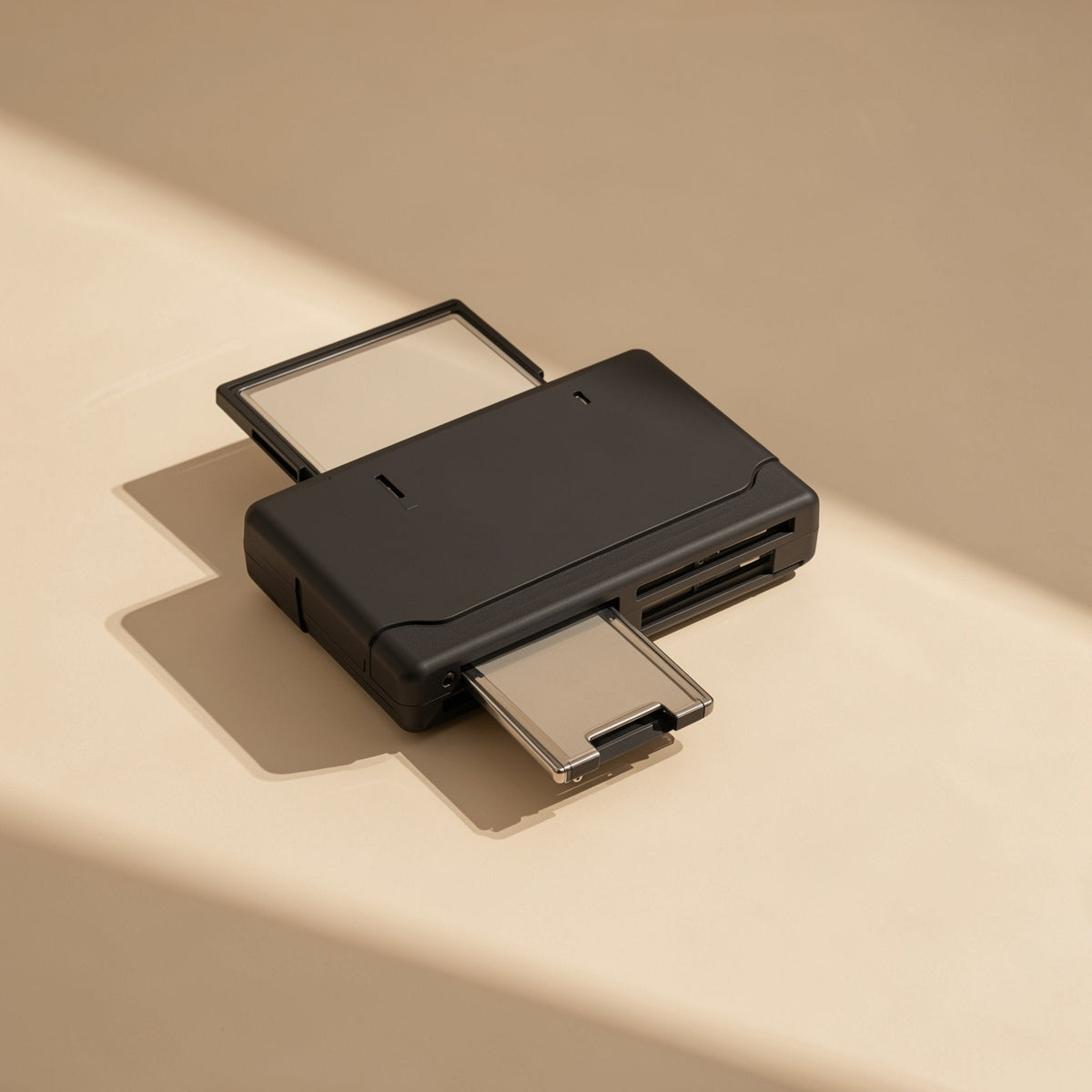 Chipplug – Black card reader with a CF card and a flat card partly inserted, resting on a tan background
