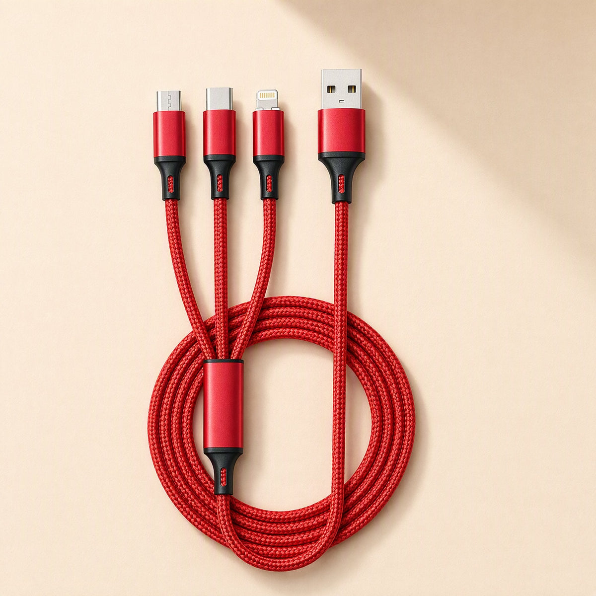 Wovenlink Woven Three-Connector Phone Charging Cable in red, coiled with micro-USB, USB-C and Lightning ends