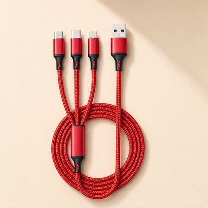 Wovenlink Woven Three-Connector Phone Charging Cable in red, coiled with micro-USB, USB-C and Lightning ends