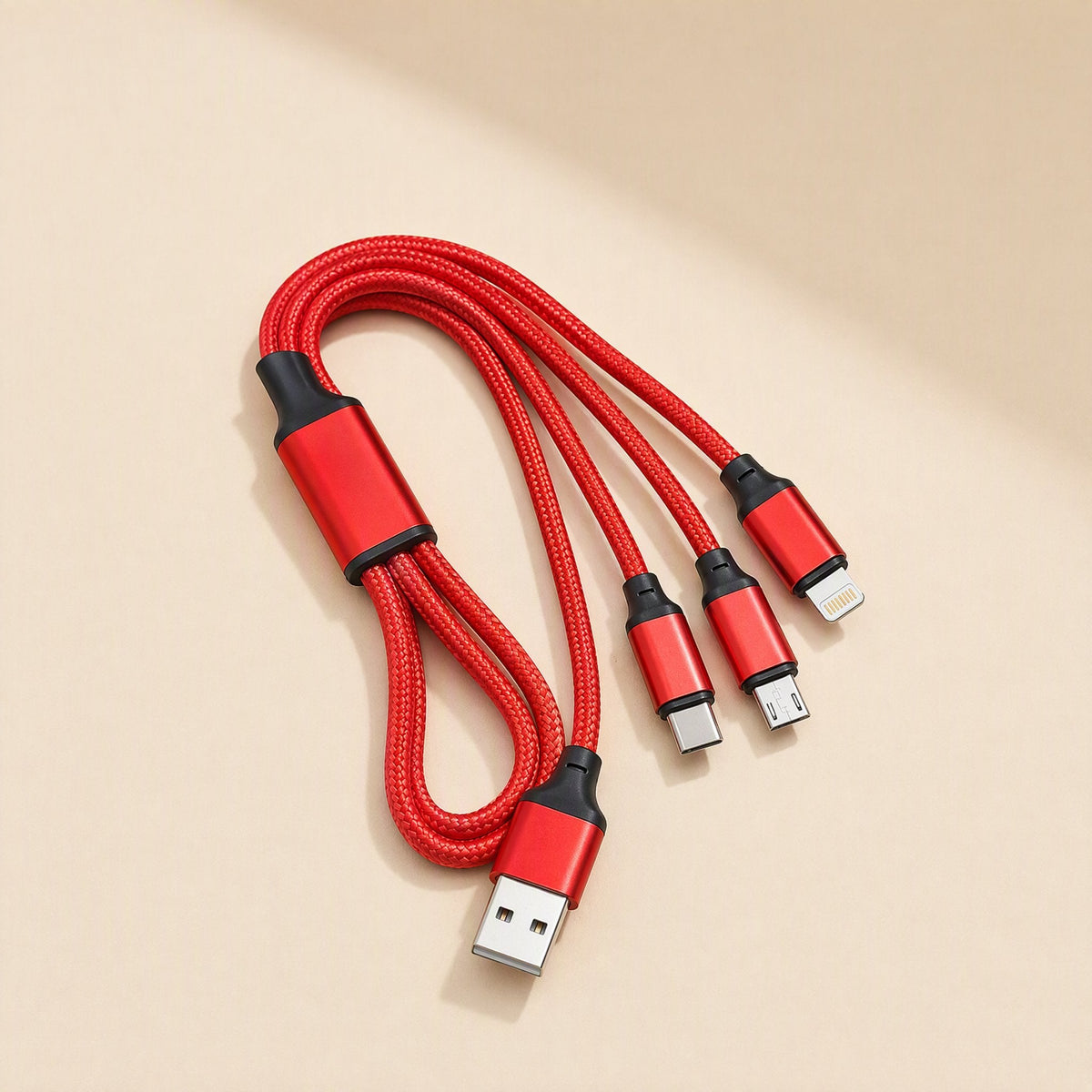 Wovenlink – Red braided three-way charging cable lying looped on a beige surface, USB-A plug at the bottom