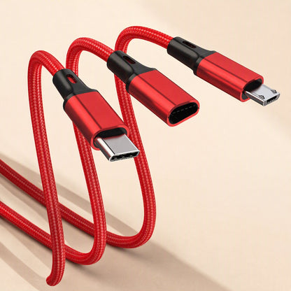 Wovenlink – Close-up of red braided cable splitting into USB-C, a female port and micro-USB connectors