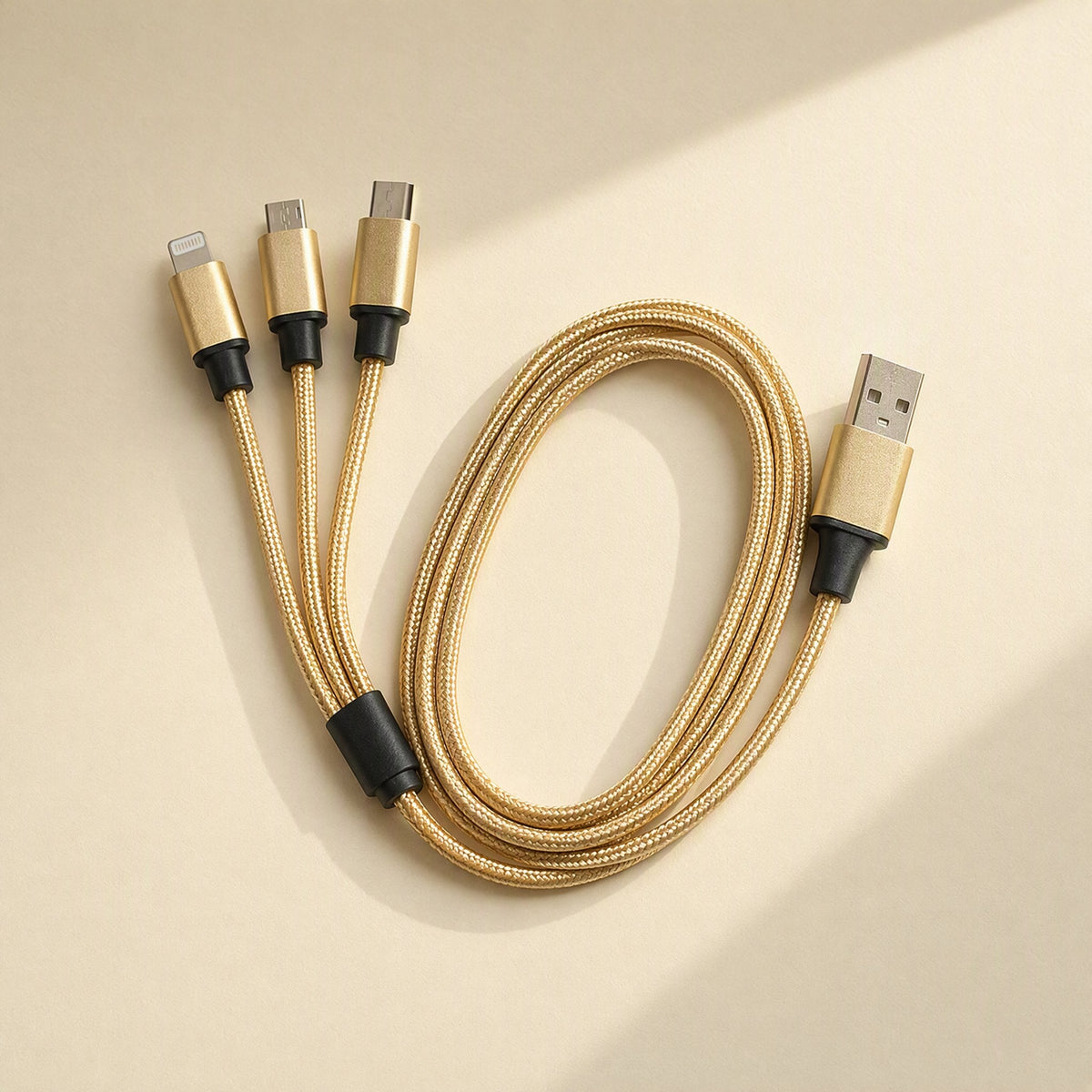 Wovenlink – Gold woven three-connector charging cable coiled in an oval on a cream background