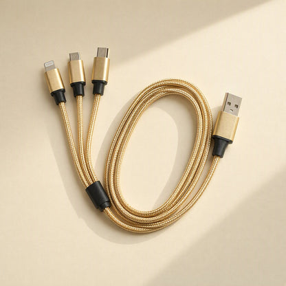 Wovenlink – Gold woven three-connector charging cable coiled in an oval on a cream background