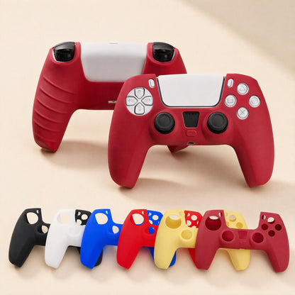 Padshield – Red silicone covers on two PS5 controllers, front and back, with six covers in other colors below