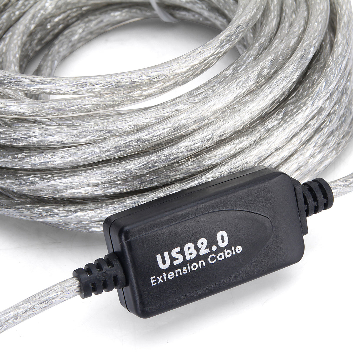 Reachjoin – Black inline booster box labeled USB2.0 Extension Cable on coiled clear silver cable, white background