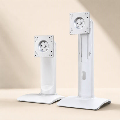 Viewlift Aluminum Alloy Monitor Stand in white, a short and a tall version side by side on a cream backdrop