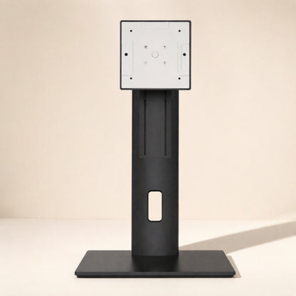 Viewlift – Black monitor stand with square VESA mount plate, cable hole in the column, and flat rectangular base, front view