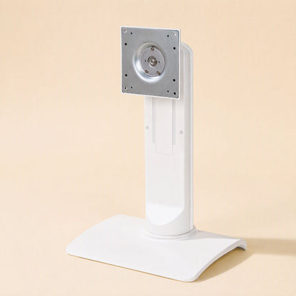 Viewlift – White desktop monitor stand with silver VESA plate and curved base, shown at a three-quarter angle