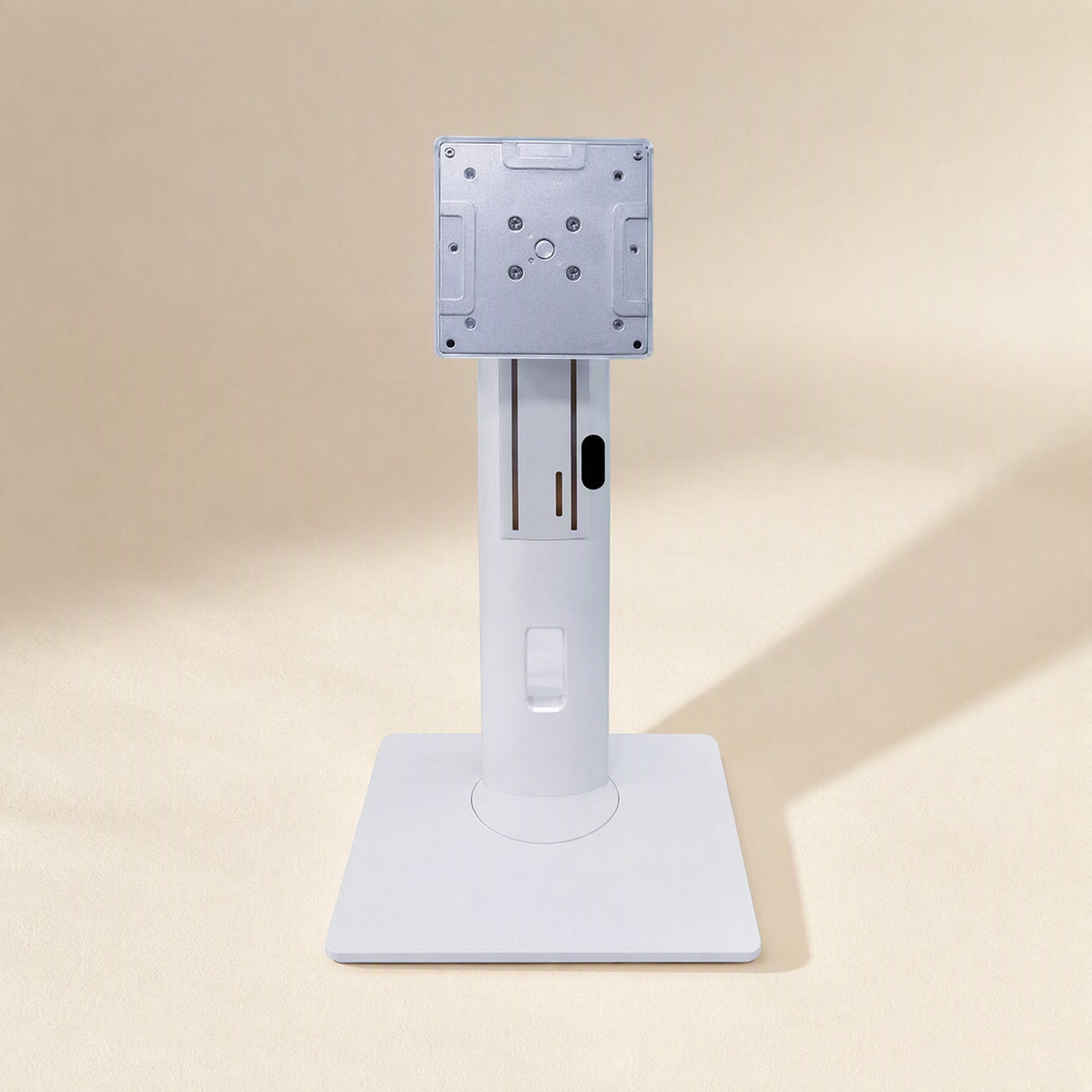 Viewlift – Front view of white monitor stand with silver mounting plate, cable slot in the column, and square base