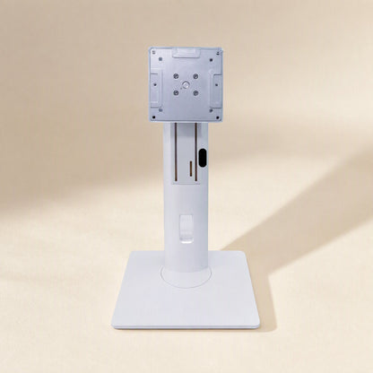 Viewlift – Front view of white monitor stand with silver mounting plate, cable slot in the column, and square base