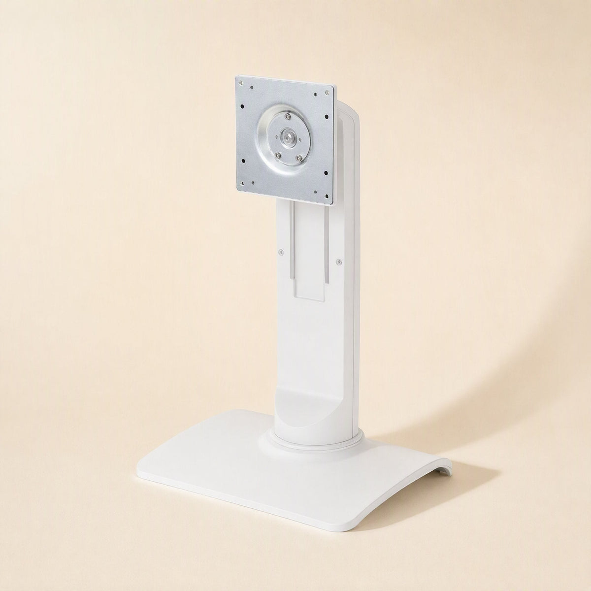 Viewlift – White desktop display stand angled to show the silver mount plate, height column and curved base
