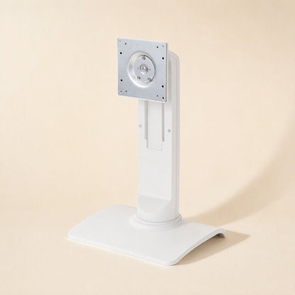 Viewlift – White desktop display stand angled to show the silver mount plate, height column and curved base