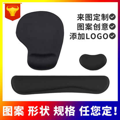 Restweave Rubber Cloth Mouse Pad With Wrist Rest in black, shown with a small wrist cushion and keyboard wrist rest