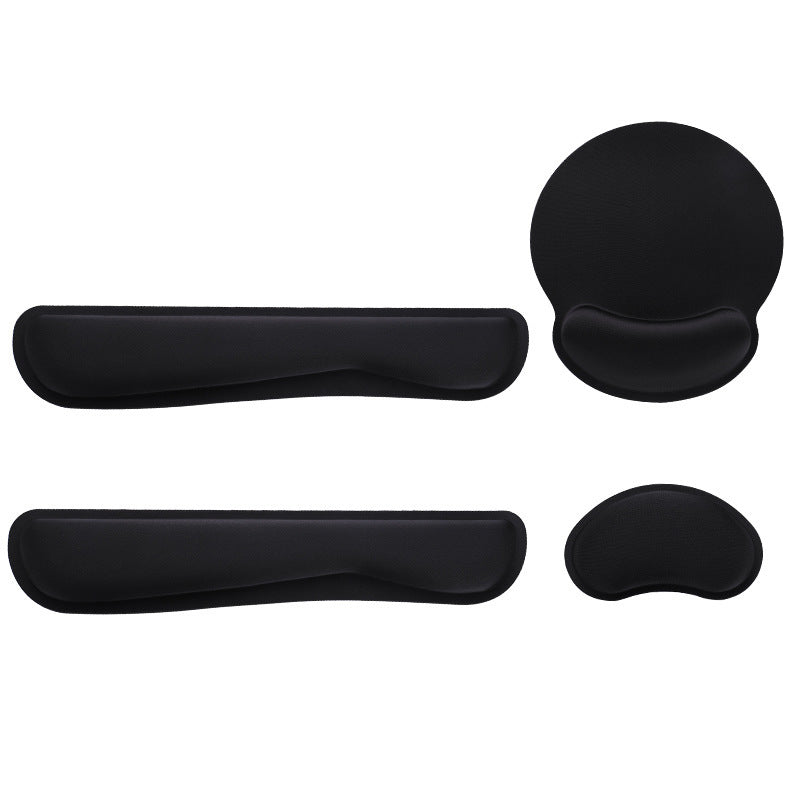 Restweave – Black mouse pad with wrist rest, two keyboard wrist rests and a small wrist cushion arranged on white