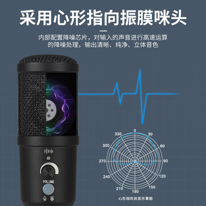 Voxheart – Black cardioid microphone with volume knob and polar pattern diagram on a dark blue background