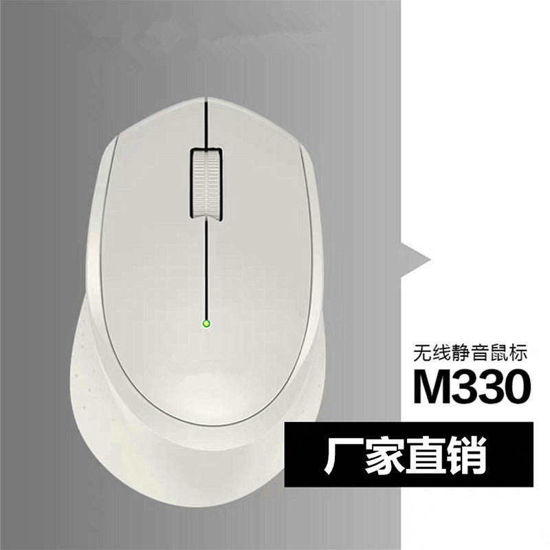 Clickhush – White wireless mouse from above showing scroll wheel and green light on a gray background, labeled M330