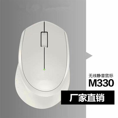 Clickhush – White wireless mouse from above showing scroll wheel and green light on a gray background, labeled M330