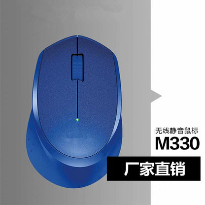 Clickhush – Blue wireless mouse from above with textured top, scroll wheel and green light, labeled M330
