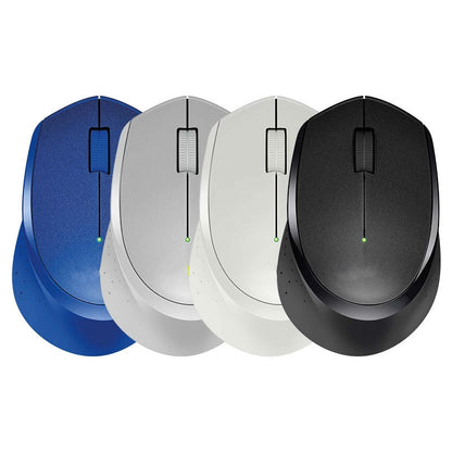 Clickhush – Four wireless mice in blue, gray, white and black arranged side by side on a white background