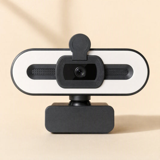 Quickfocus – Black webcam with white oval ring light and microphone grilles, straight-on close view on a cream background