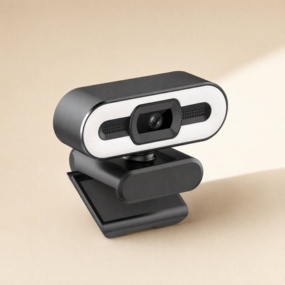 Quickfocus – Three-quarter angle of the webcam showing the ring light, lens, swivel joint and folding clip base