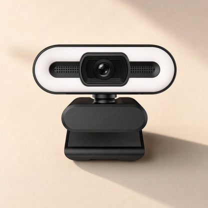 Quickfocus – Front view of the webcam on its clip stand, ring light and twin microphone grilles flanking the lens