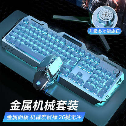 Keyforge 104-Key Wired Keyboard with icy blue backlit keys and matching gaming mouse on a desk mat