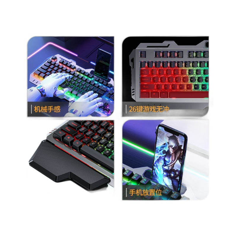 Keyforge – Four-panel collage: hands typing, red-lit keys, textured palm rest, and phone standing in the keyboard slot