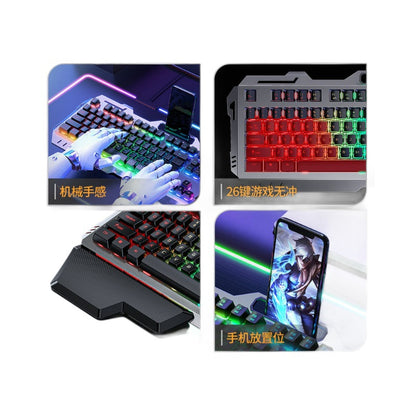 Keyforge – Four-panel collage: hands typing, red-lit keys, textured palm rest, and phone standing in the keyboard slot