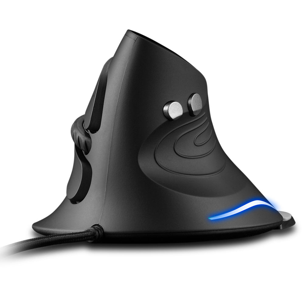 Turnmouse Wired Vertical Mouse in black, front three-quarter view with blue LED strip and braided cable