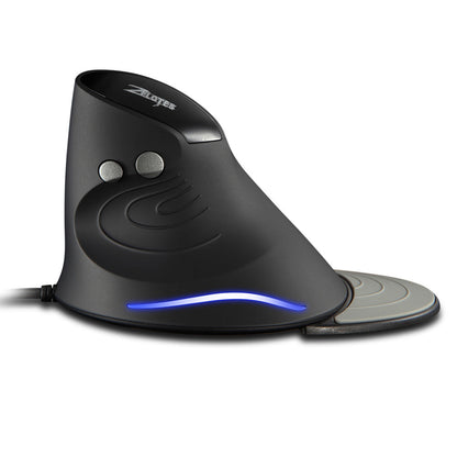 Turnmouse – Side view of black vertical mouse with two side buttons, blue light strip and grey thumb rest