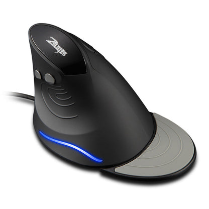 Turnmouse – Top-angle view of black vertical mouse with logo, side buttons, blue light and grey thumb rest
