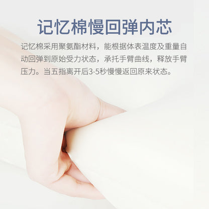 Nestglove – Hand pressing into white memory cotton foam, with Chinese text about slow-rebound filling