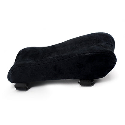 Nestglove – Side view of the black velvet armrest pad with curved top and two black straps on a white background