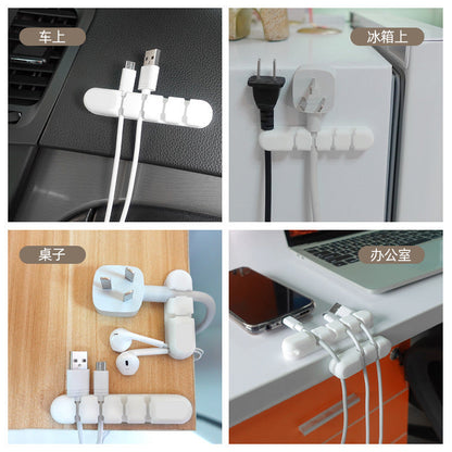 Wirenest – White cord clips holding cables in four settings: a car dashboard, fridge side, desk and office