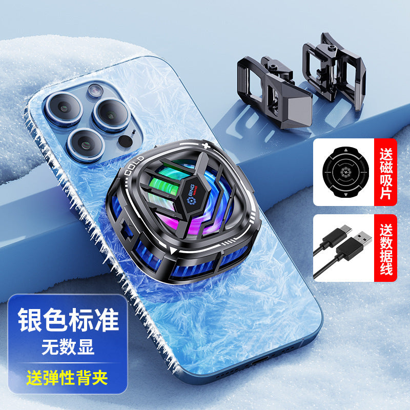 Coolfin – Black cooler with RGB fan light on an icy blue phone back, with clips, magnetic disc and cable shown